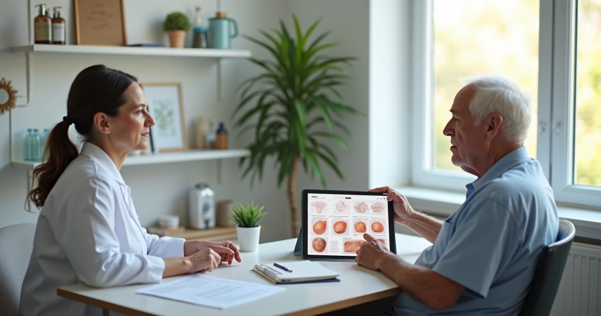 Dermatologista atendendo idoso com vitiligo no rosto em consultório claro 