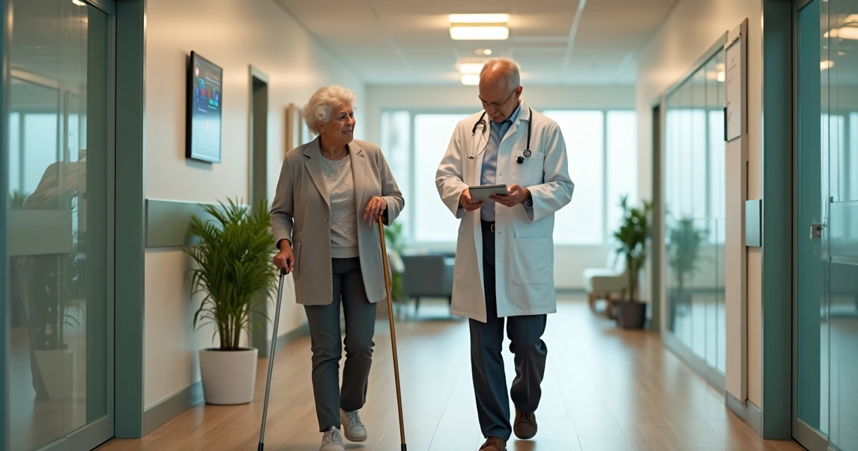 Casal de idosos caminhando em corredor de clínica moderna com médico ao lado 