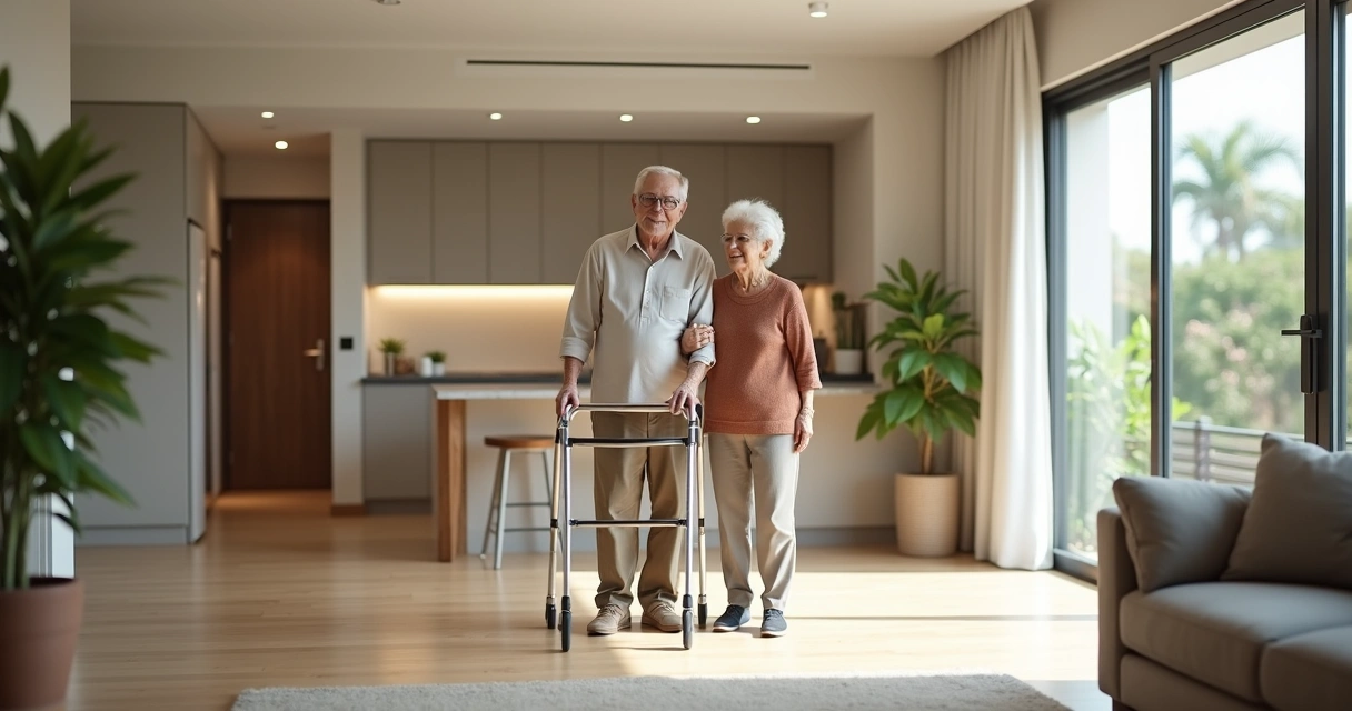 Casal de idosos em sala de estar acessível e adaptada 