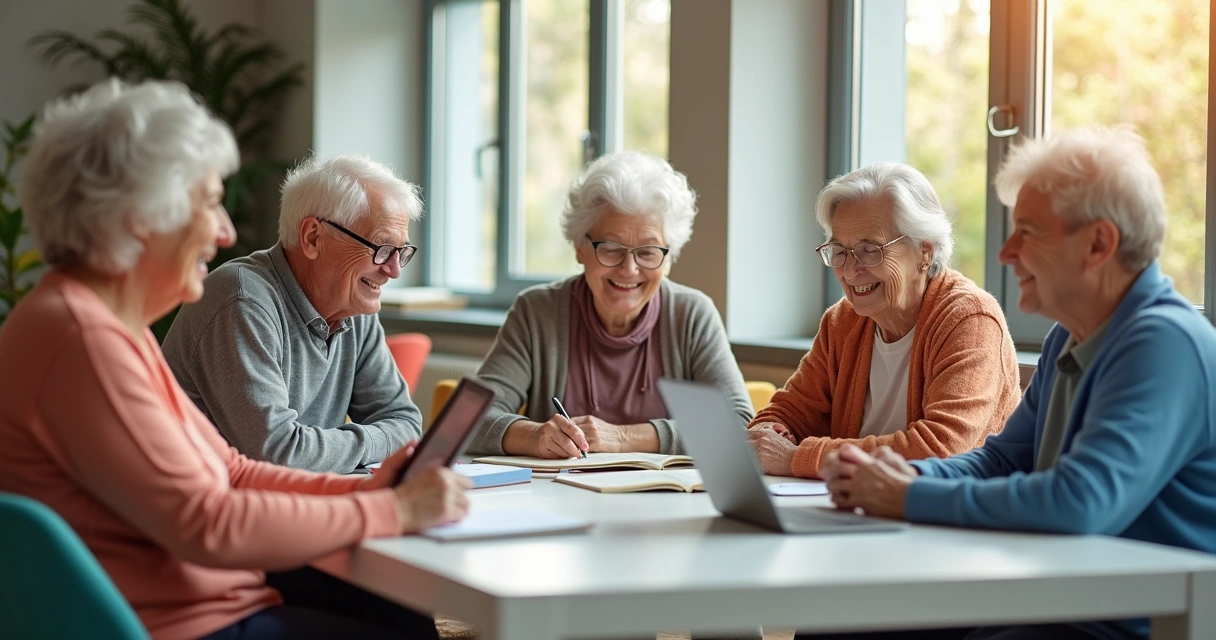 Grupo de idosos sorrindo enquanto aprendem juntos em uma sala iluminada.