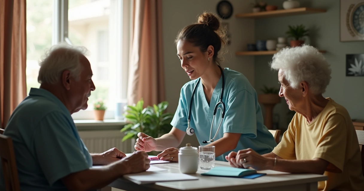 Profissional de saúde cuidando de idosos em ambiente domiciliar 