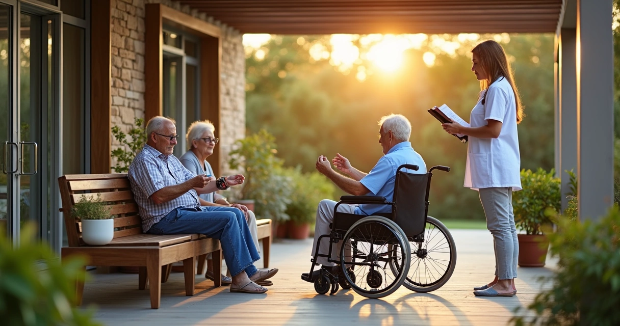 Idosos em jardim de ILPI moderna participando de atividade guiada por profissional de saúde 