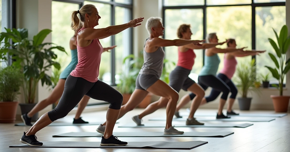 Grupo de pessoas maduras em aula de ginástica em espaço de bem-estar.