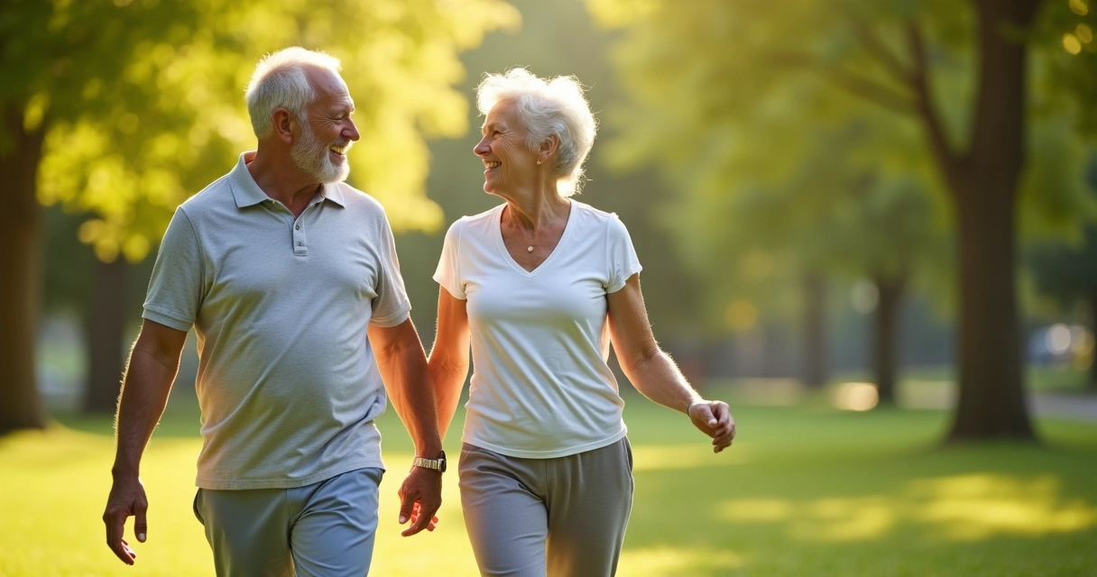 Grupo de idosos fazendo caminhada ao ar livre em parque verde ensolarado 