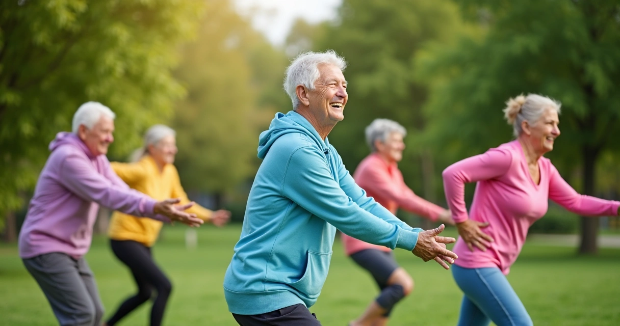 Idosos praticando alongamento ao ar livre 