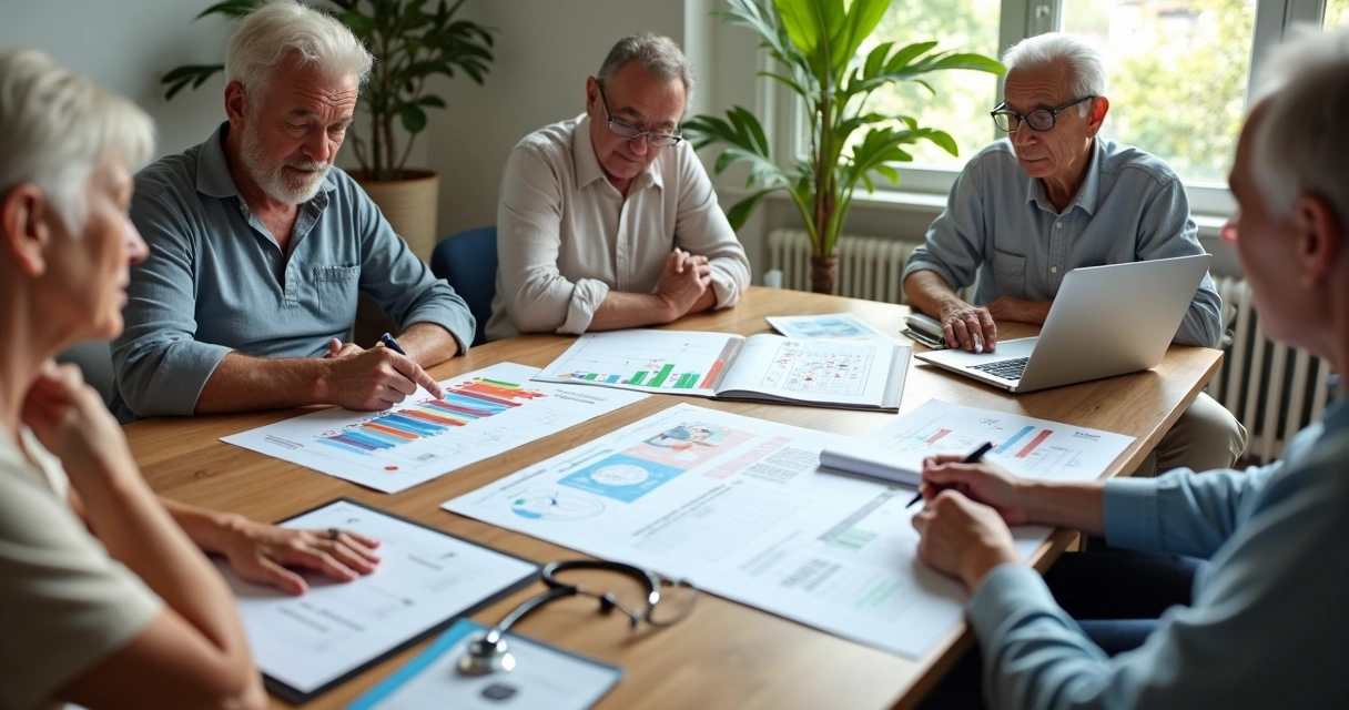 Grupo de idosos ativos consultando calendário de saúde e gráfico de custos futuros 