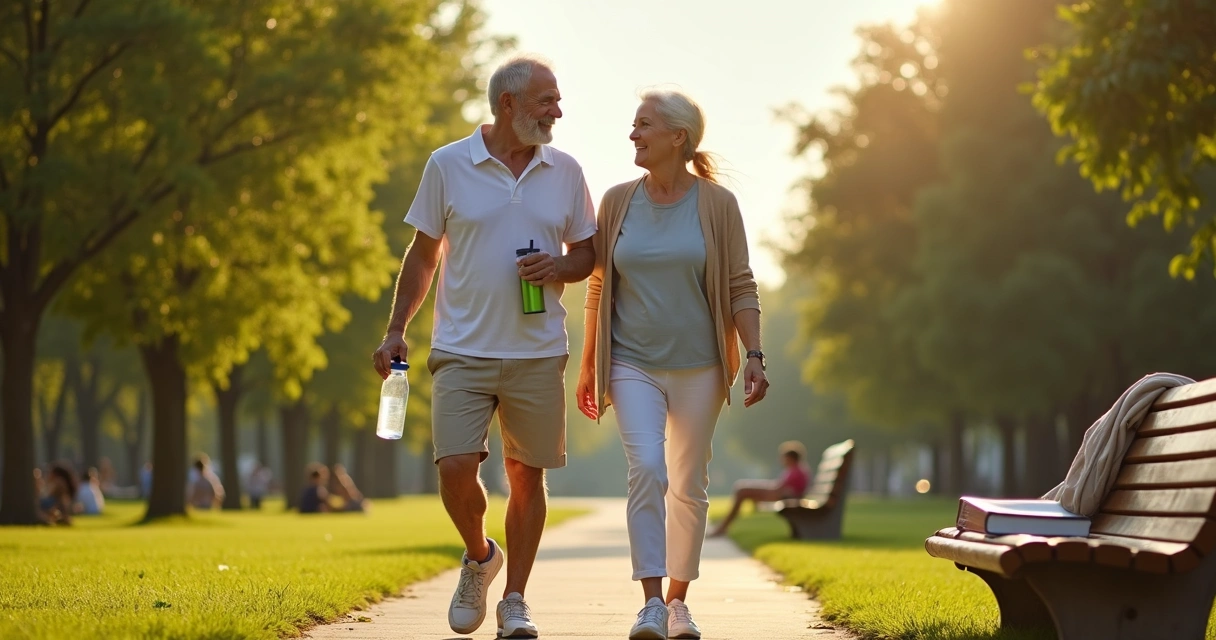 Casal de idosos caminhando ao ar livre praticando autocuidado na terceira idade 