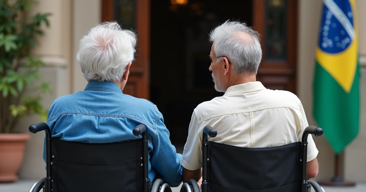 Dois idosos sentados em cadeira de rodas lado a lado 
