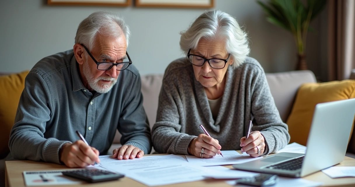 Duas pessoas idosas sentadas em um sofá discutindo papéis de aposentadoria do INSS
