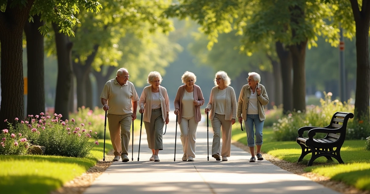 Idosos caminhando juntos em parque arborizado durante o dia 