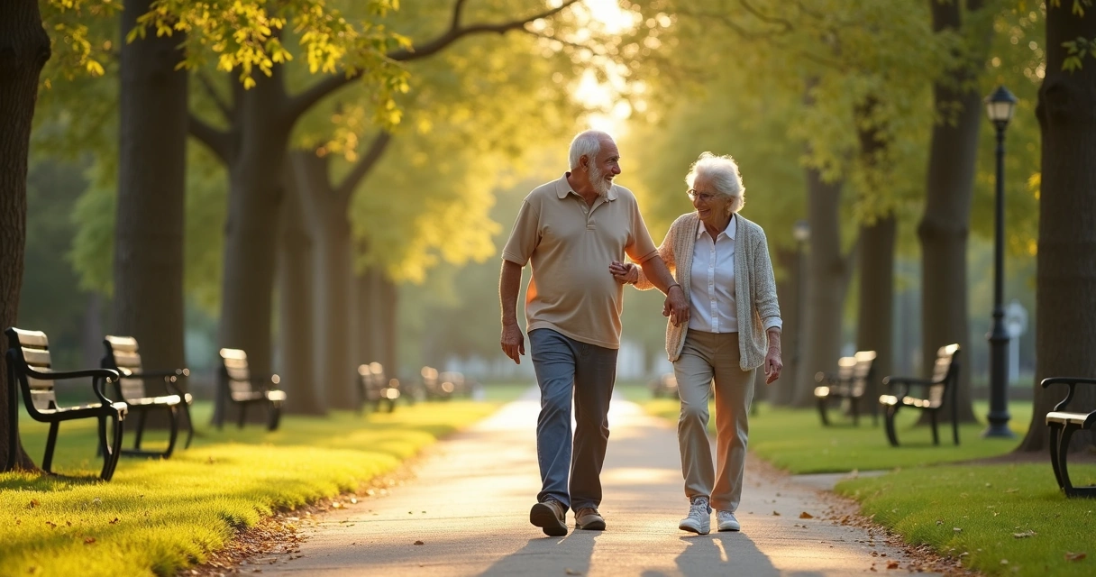 Dois idosos caminhando em parque com expressão serena