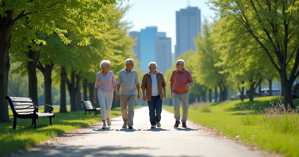 Pessoas idosas caminhando em parque urbano