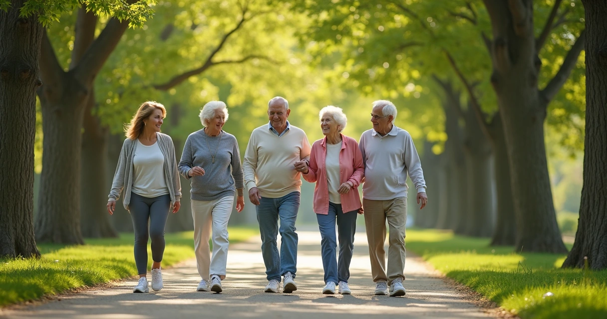 Grupo de idosos caminhando juntos em parque com árvores verdes