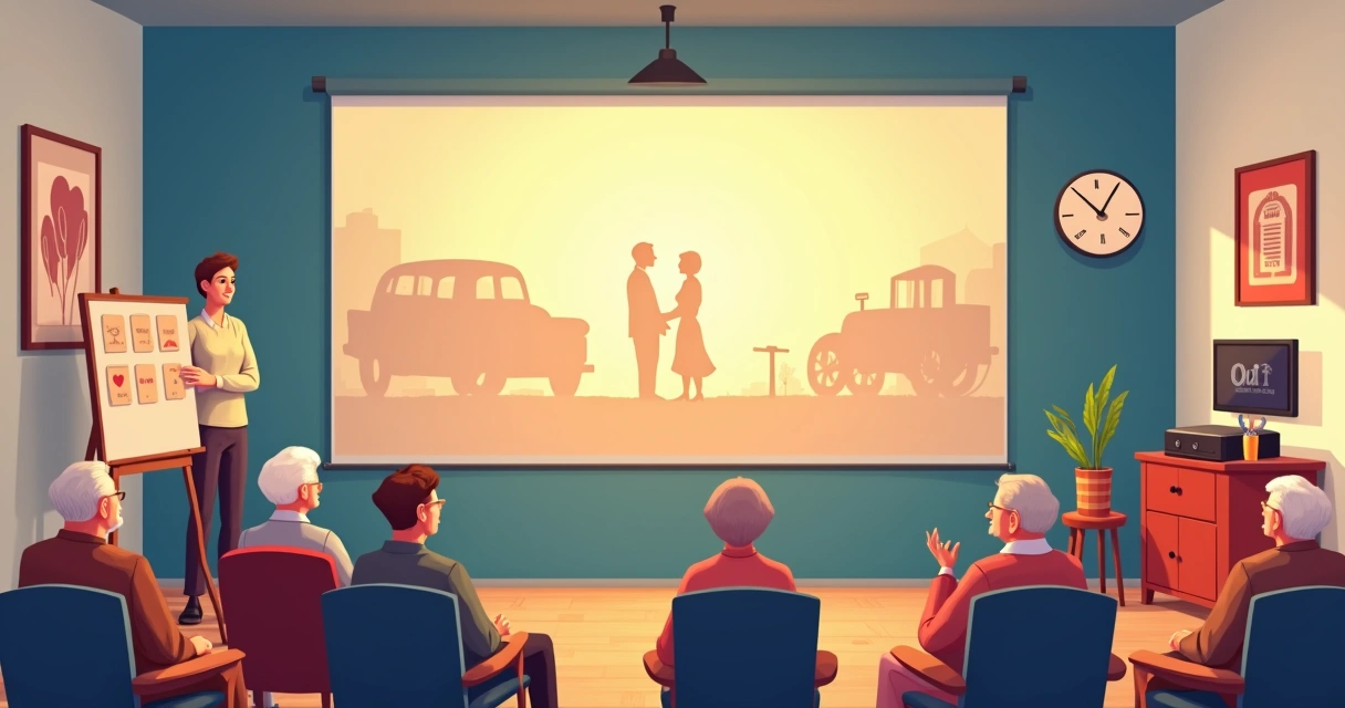 Idosos reunidos em salão comunitário assistindo filme nostálgico em telão 