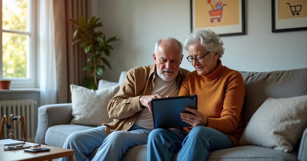 Casal de idosos navegando em loja online juntos no tablet no sofá 