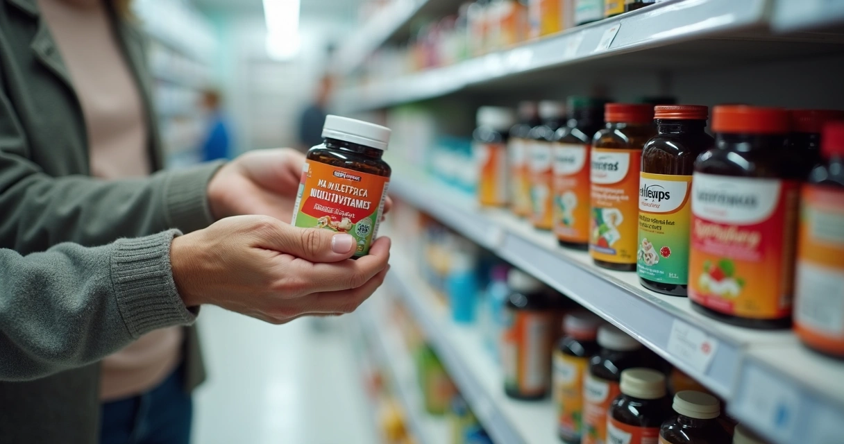 Clientes idosos em farmácia escolhendo vitaminas de prateleira 