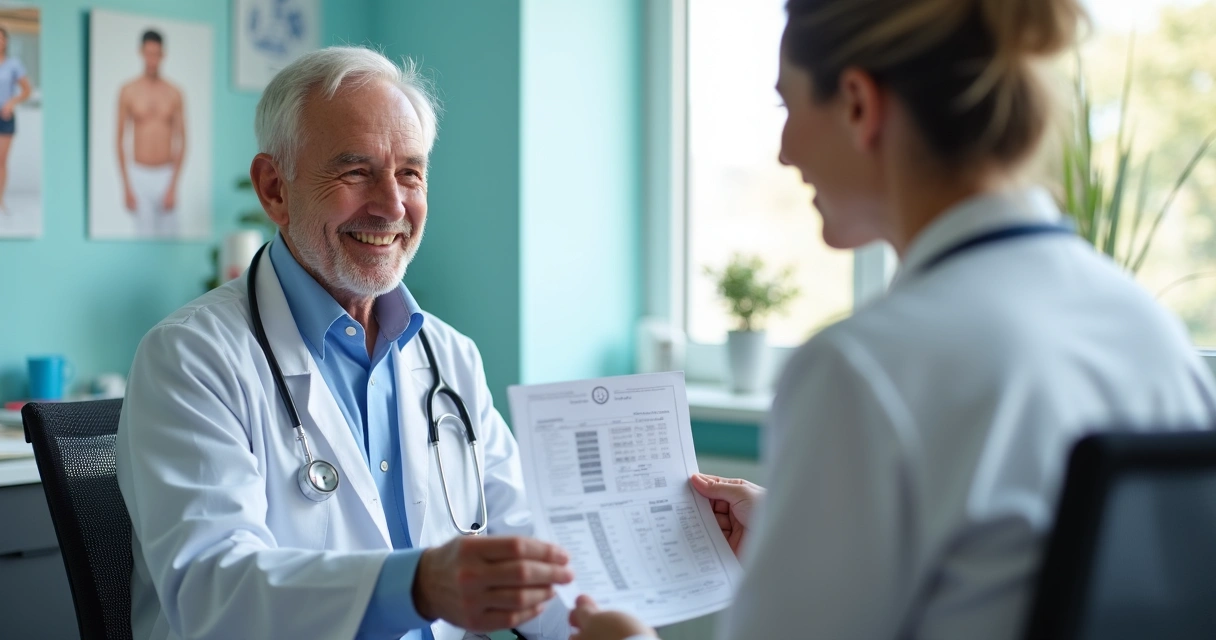 Idoso sendo atendido por médica durante consulta de saúde 