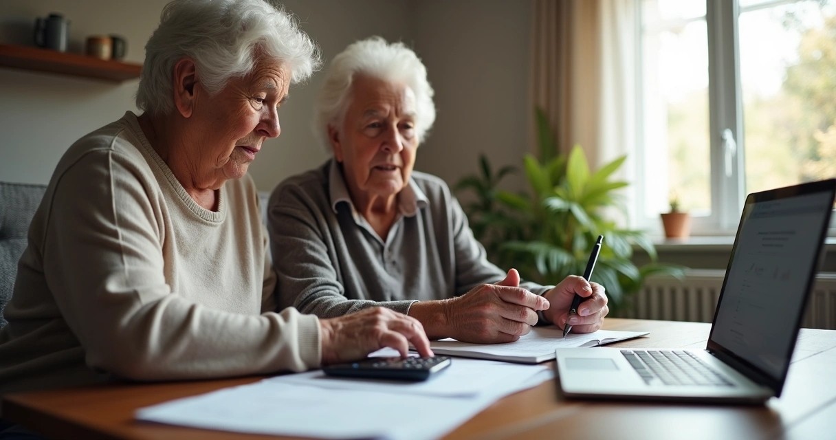 Duas pessoas idosas olhando para cálculo de benefícios do INSS em uma mesa com papéis. 