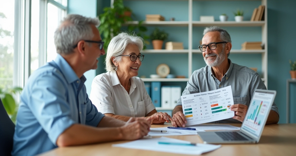Casal de idosos analisando opções de plano de saúde com corretora em escritório moderno 