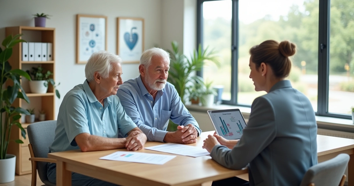 Casal de idosos conversando com corretora sobre plano de saúde em ambiente acolhedor 
