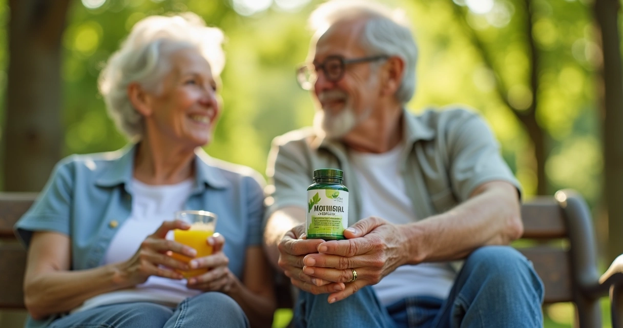 Idosos sentados ao ar livre tomando cápsulas de moringa