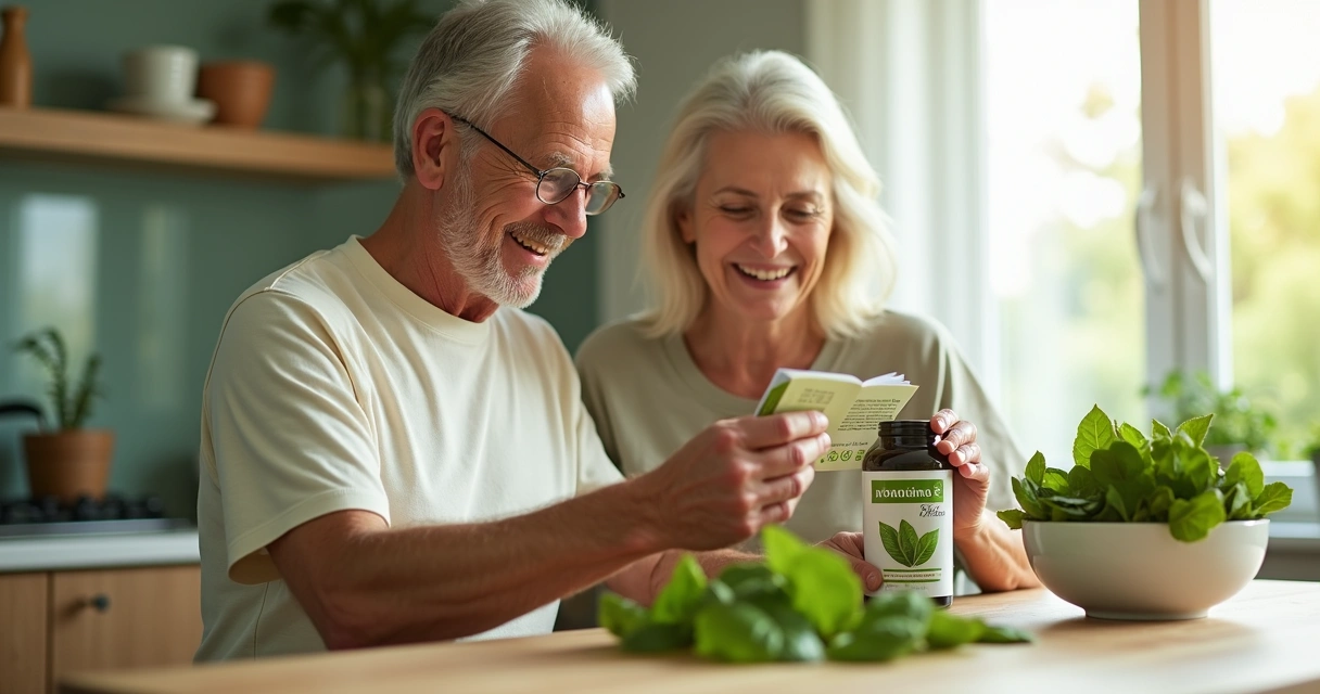 Casal de idosos em uma cozinha organizando cápsulas de moringa