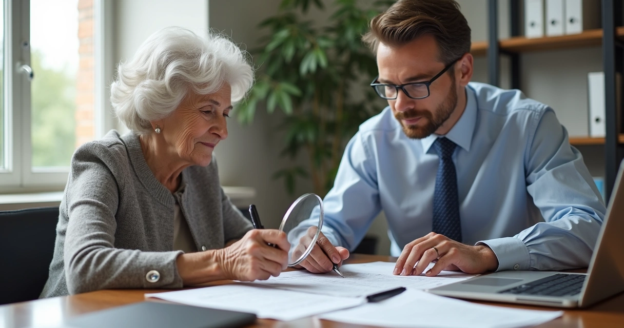 Idosa e bancário analisando contrato bancário em mesa branca 