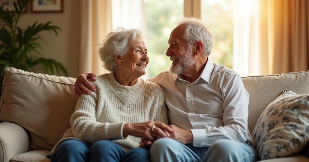 Casal idoso conversando sorrindo de mãos dadas