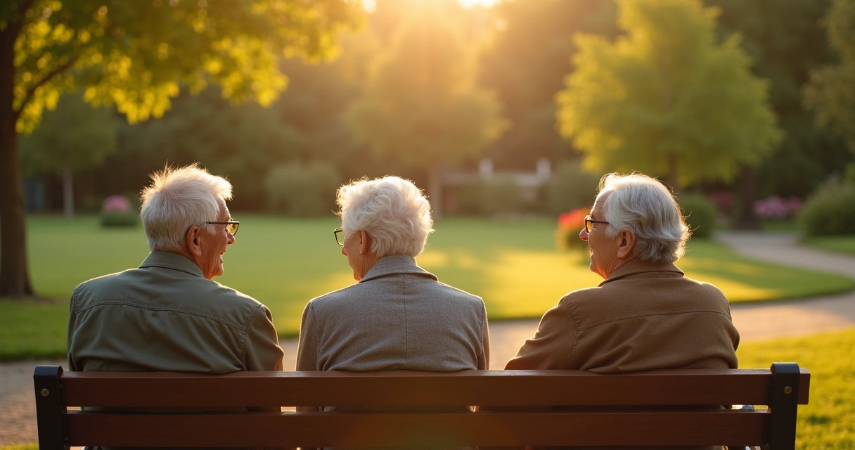 Idosos conversando em um jardim ao entardecer 