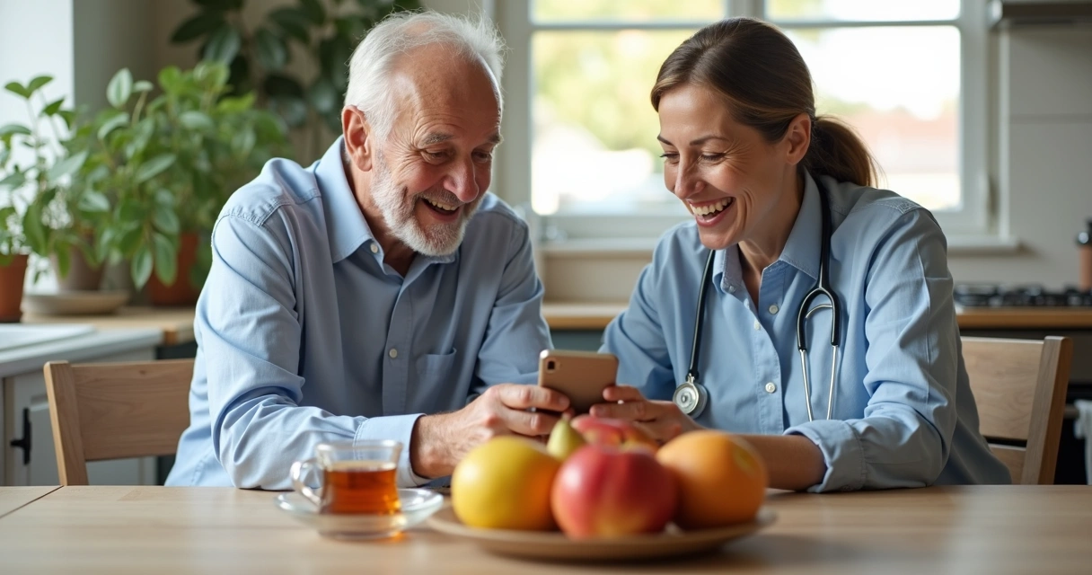 Idoso sorridente com cuidador mostrando um smartphone 