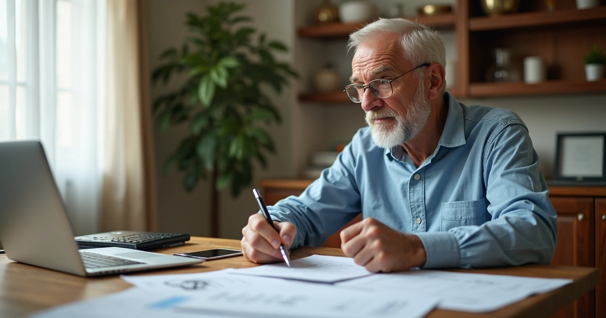 Aposentado revisando documentos médicos na mesa 