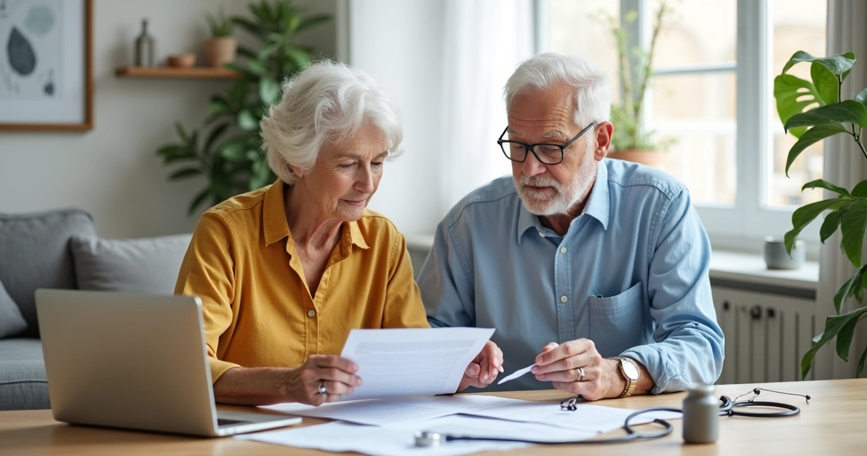 Casal idoso analisa opções de plano de saúde na mesa com papéis e computador 