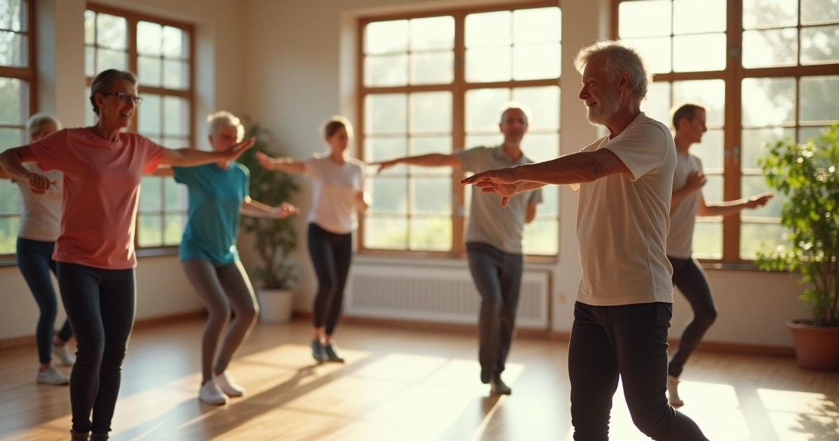 Idosos realizando exercícios leves de alongamento em grupo