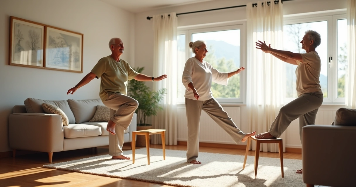 Idosos praticando exercícios de equilíbrio em casa