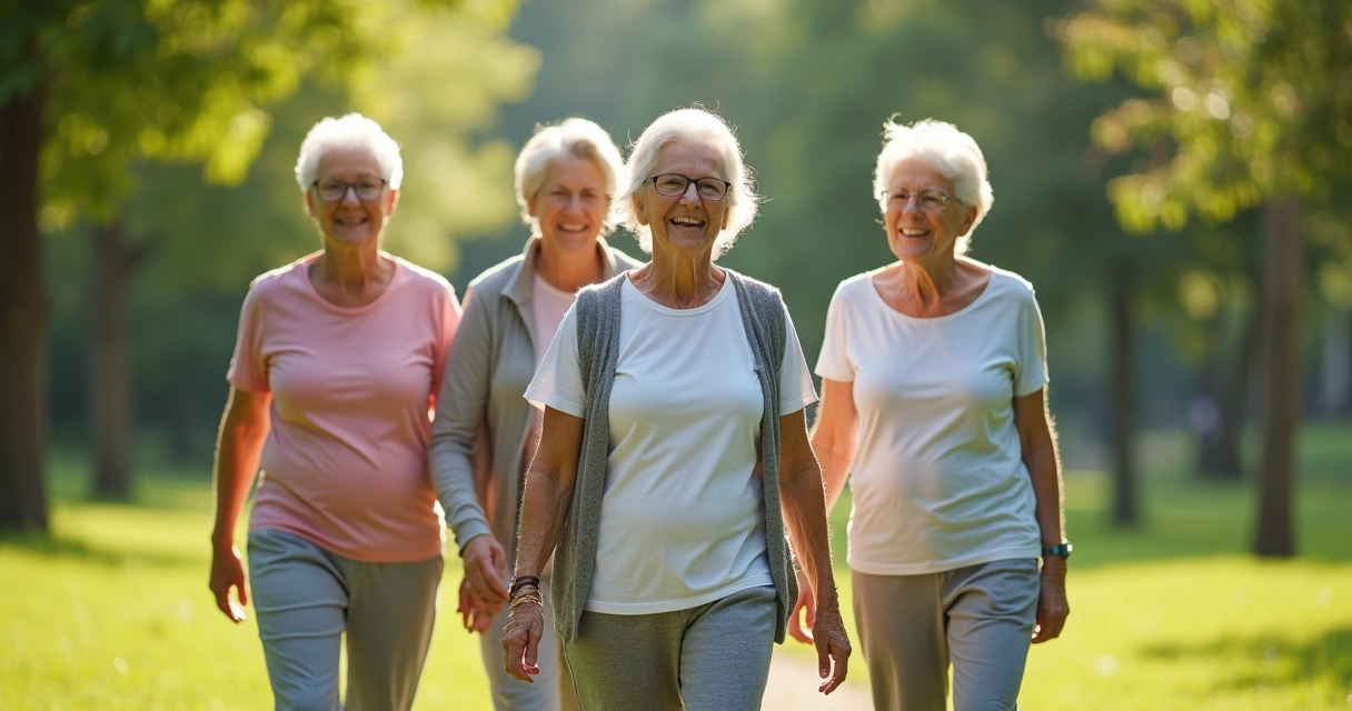 Grupo de idosos com diabetes caminhando em parque, sorrindo 