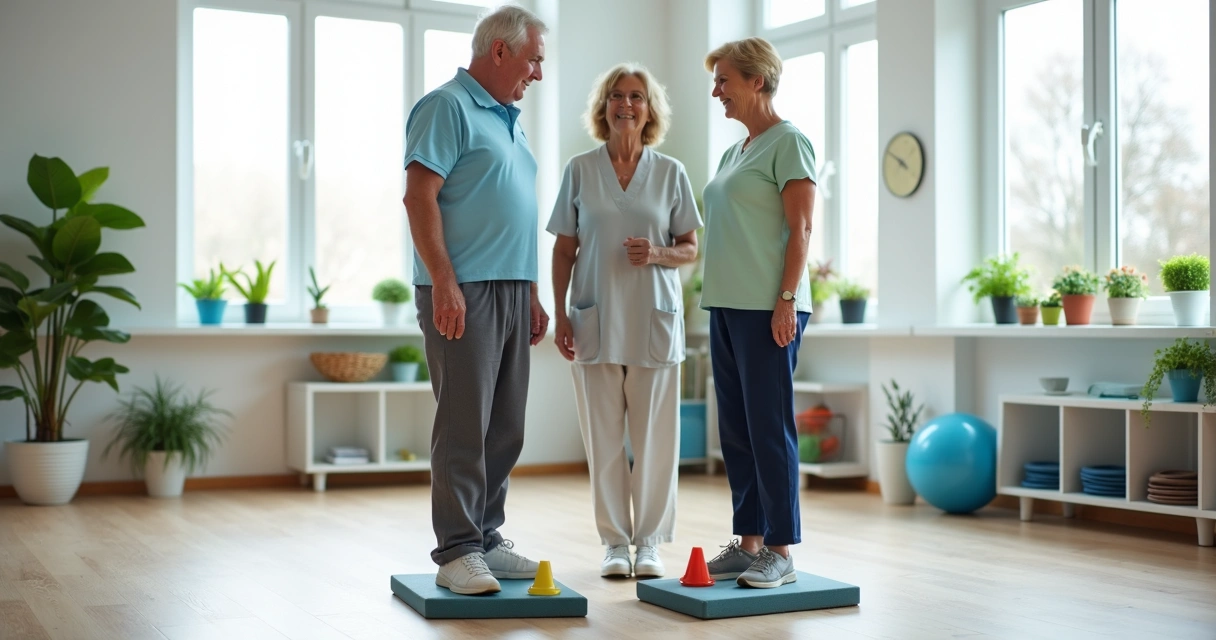Dois idosos fazendo exercício de equilíbrio com cones coloridos em clínica de fisioterapia 