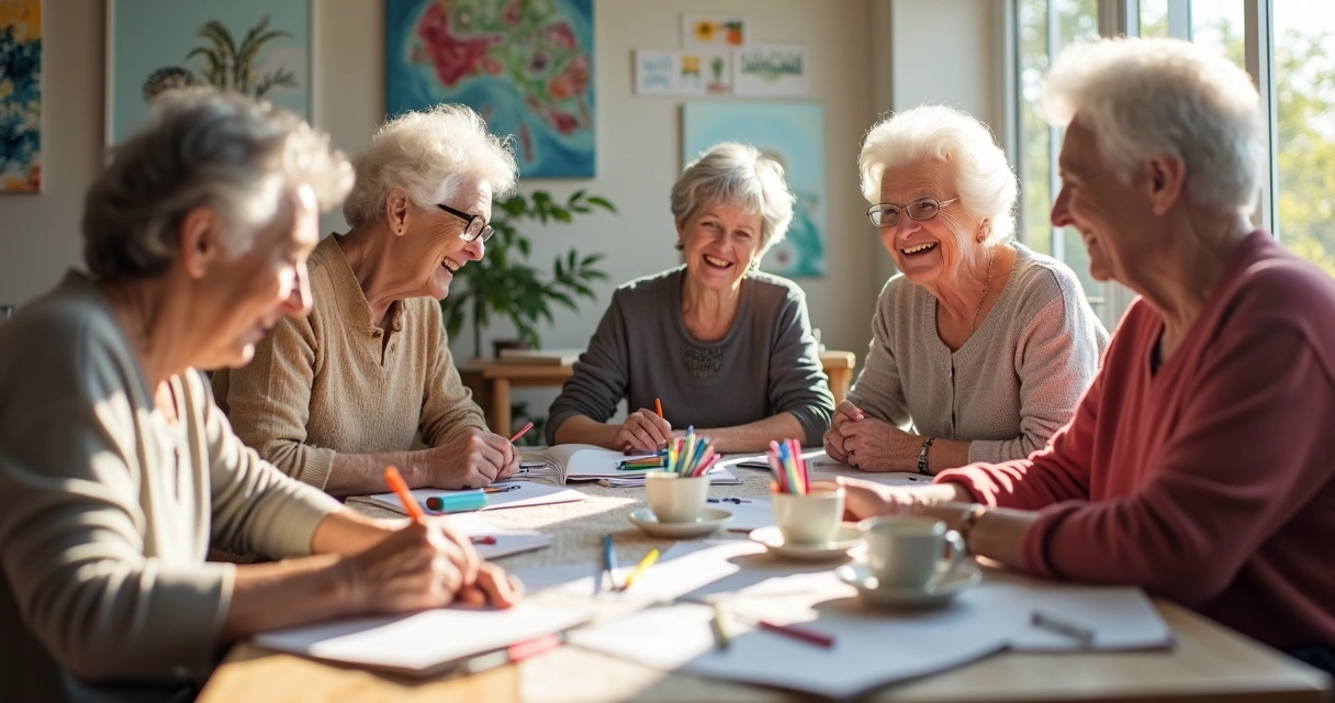 Grupo de idosos felizes interagindo em uma atividade comunitária 