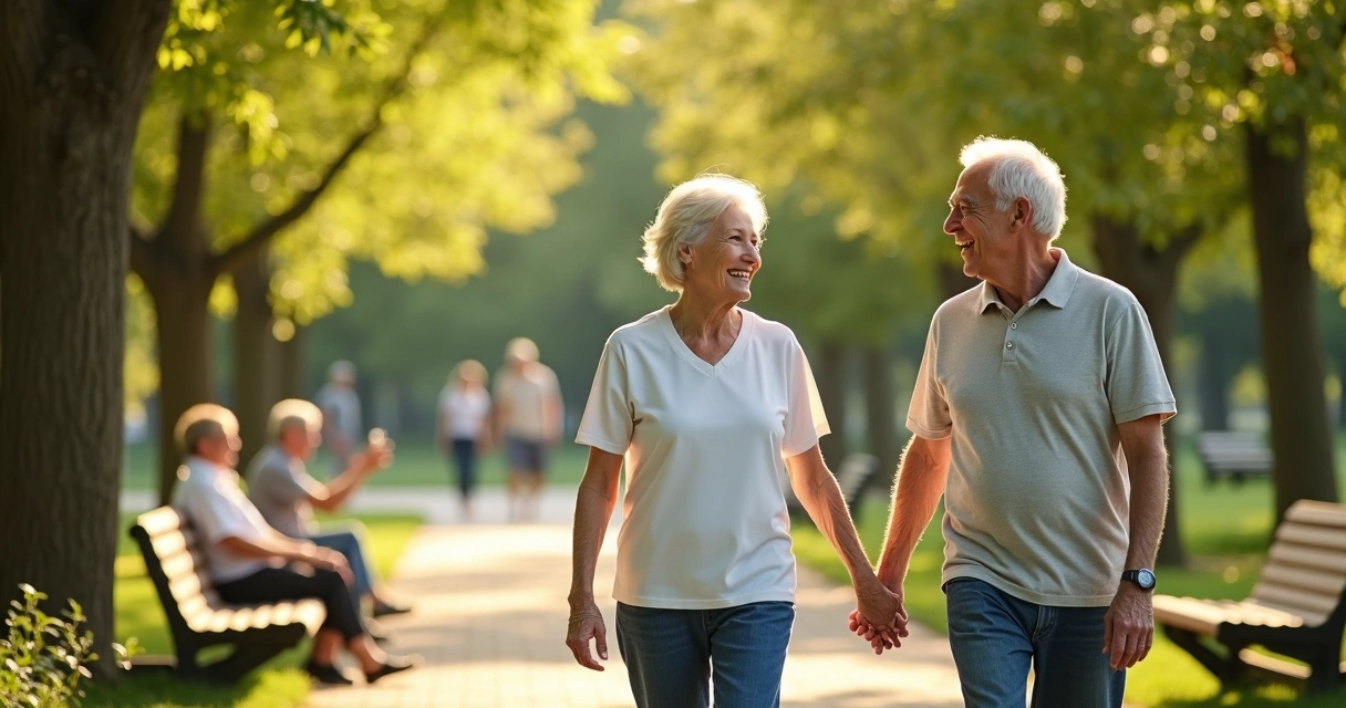 Idosos felizes caminhando em parque de manhã com árvores e sol de fundo 