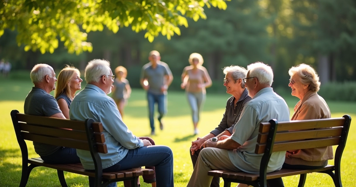 Grupo de idosos sentados em roda, sorrindo enquanto conversam em um parque arborizado 