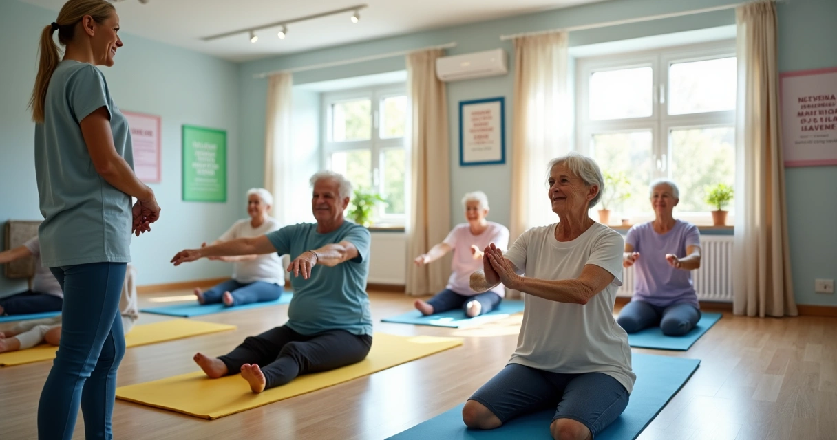 Grupo de idosos praticando exercícios acompanhados de profissional em clínica 