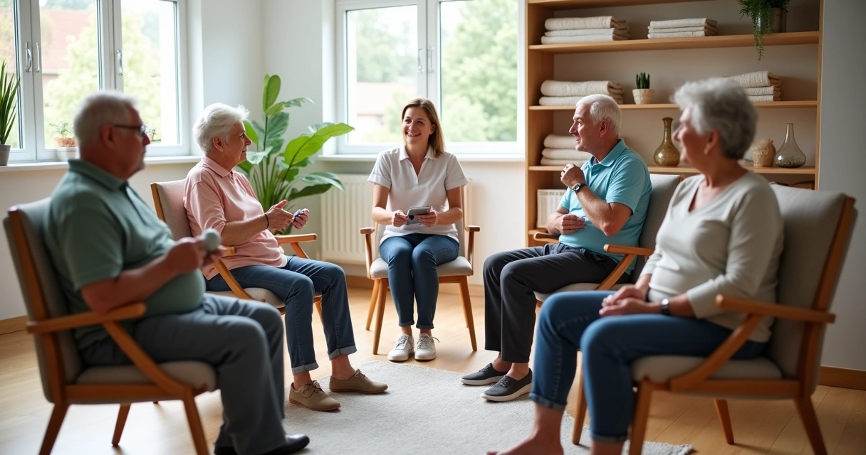 Grupo de idosos sentado em círculo fazendo fisioterapia com fisioterapeuta em clínica moderna 