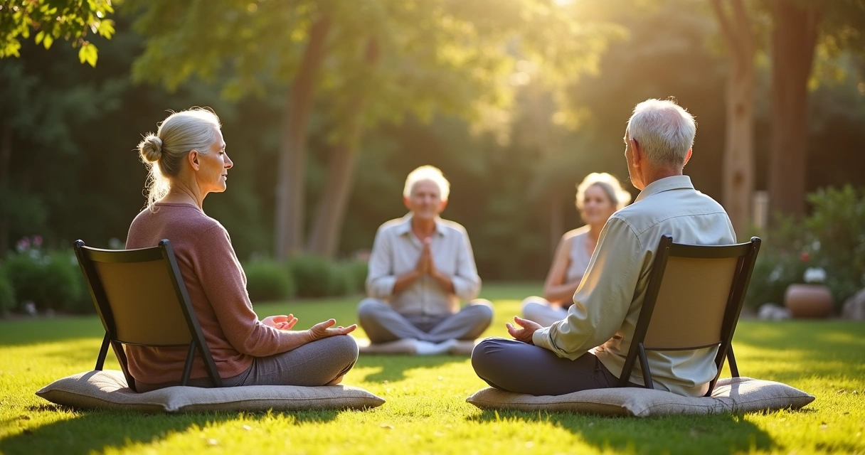 Casal de idosos sentado em círculo meditativo em jardim ensolarado 