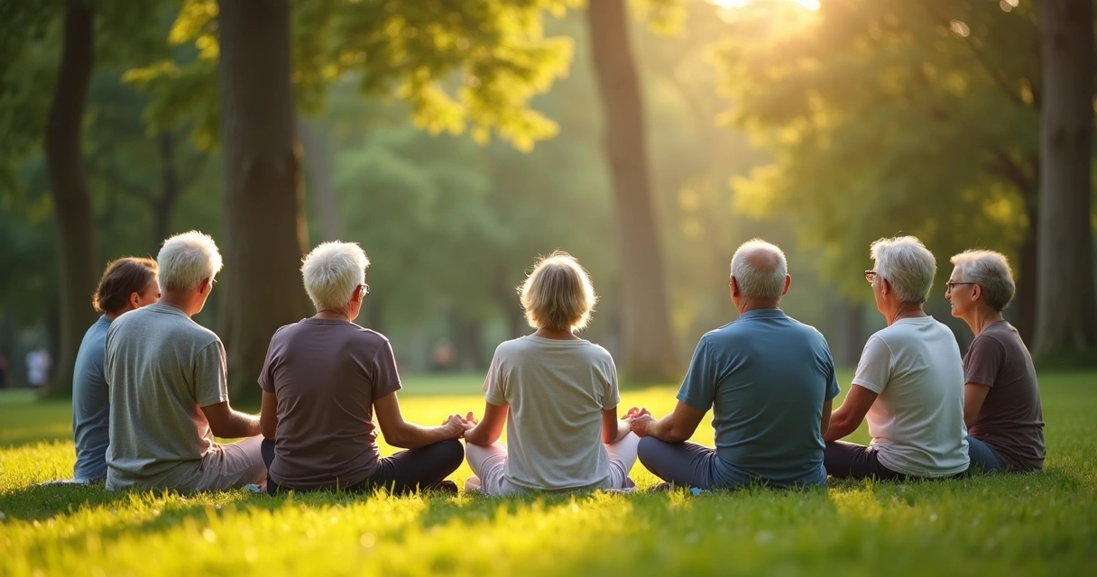 Grupo de idosos meditando juntos em ambiente natural 
