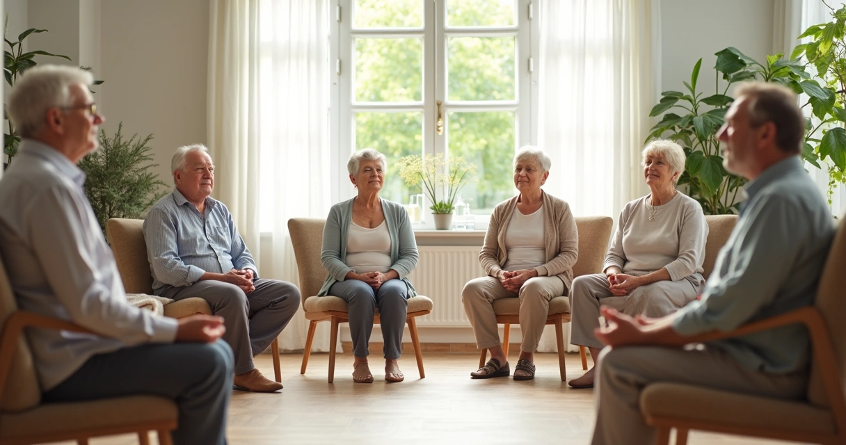 Grupo de idosos meditando sentados em cadeiras em uma sala clara e tranquila 