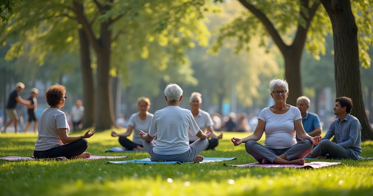 Grupo de pessoas idosas meditando sentados em tapetes em parque ensolarado. 