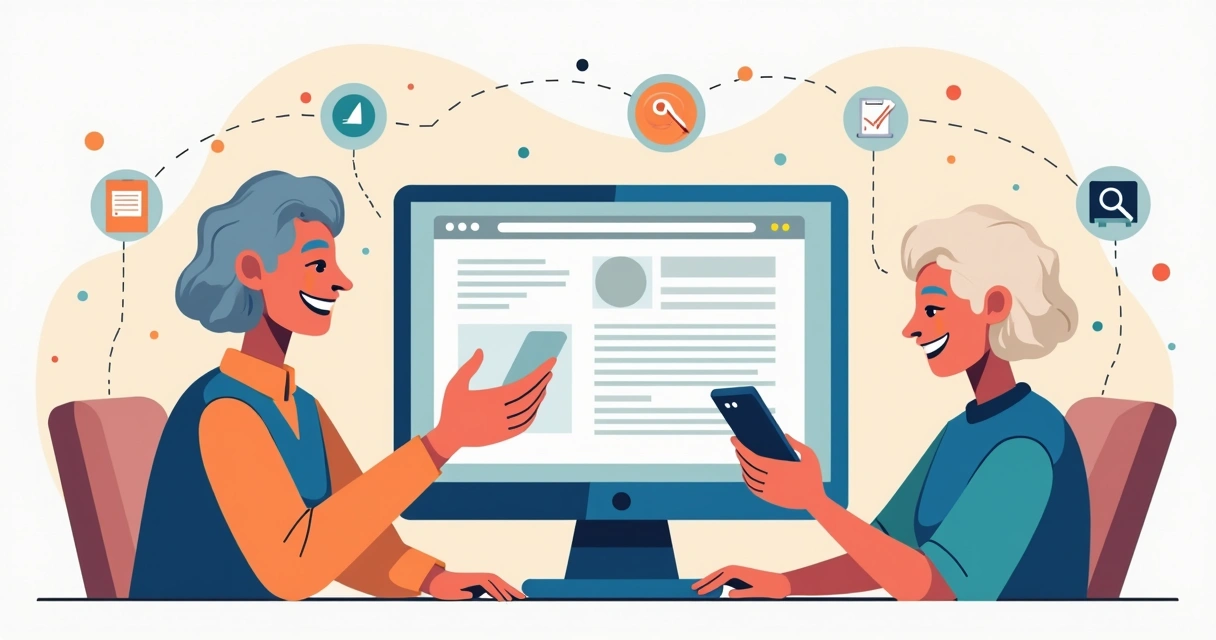 Pessoas de 50 anos ou mais usando computador e smartphone, felizes em frente a landing page acessível 