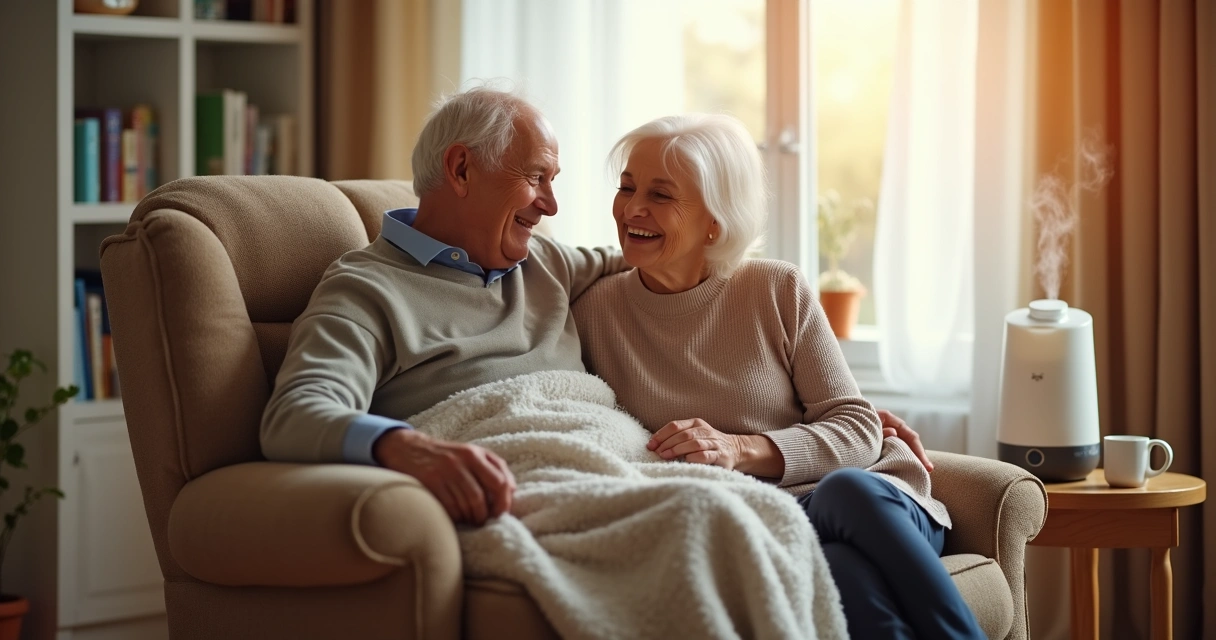 Idoso sentado em cadeira, enrolado em cobertor, ao lado de cuidador sorridente em uma sala aquecida e iluminada. 