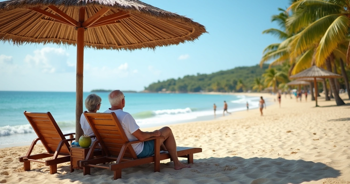 Casal idoso ativo sentado à sombra em praia de Ilhéus 