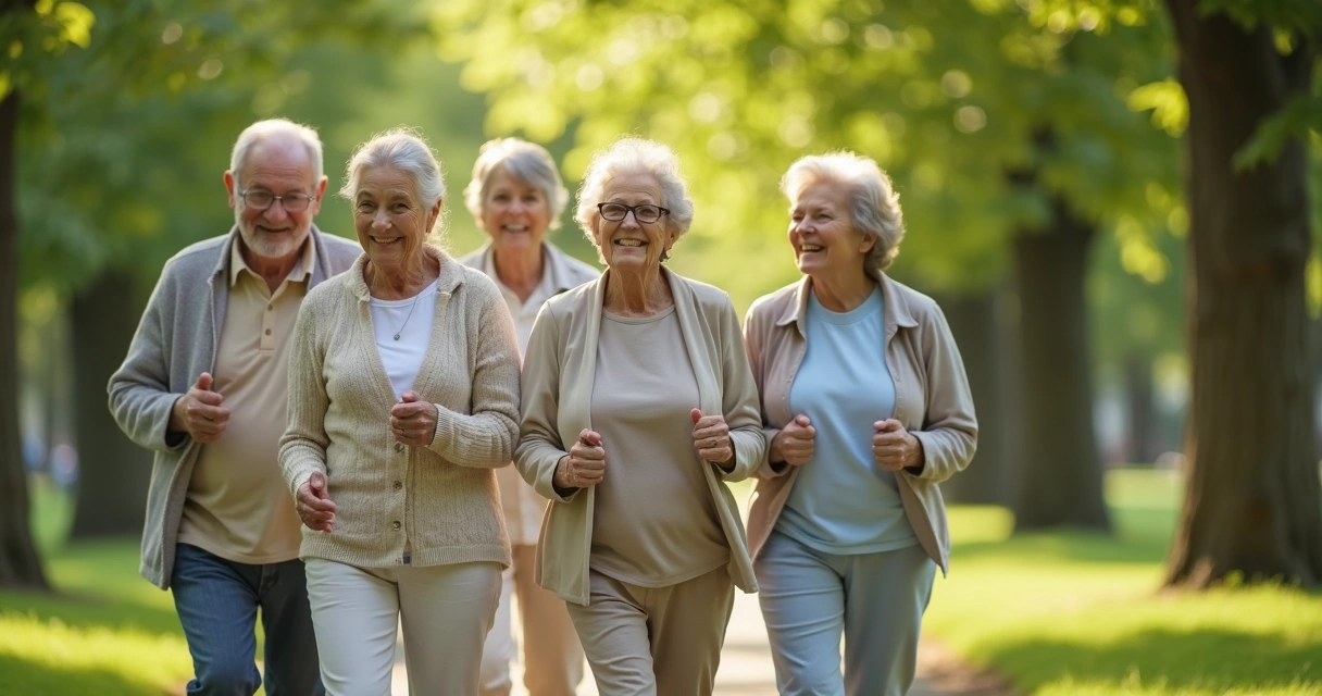Idosos caminhando em parque com árvores ao fundo