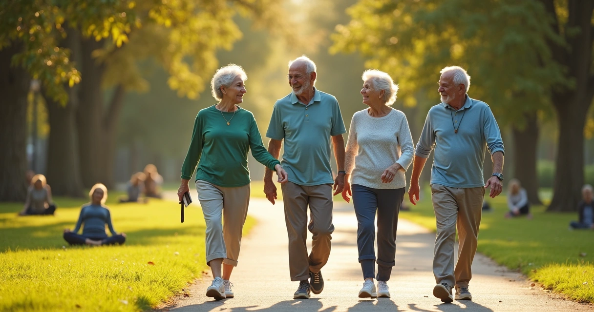 Grupo de idosos caminhando ao ar livre em parque ensolarado 